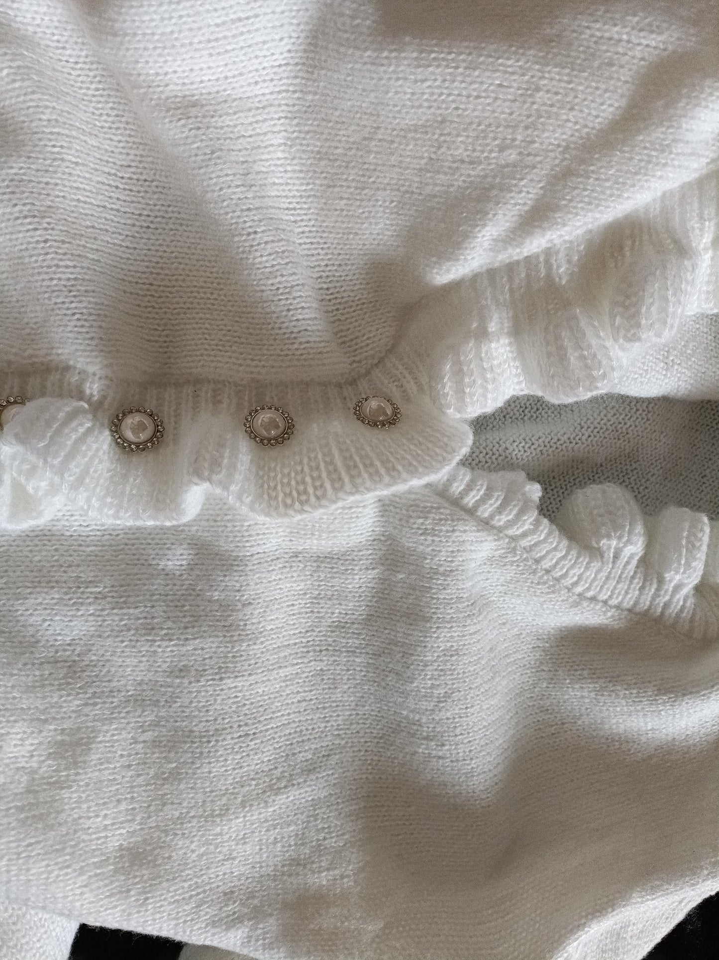 Off White Jumper with Ruffle Neck and Faux Pearl Button Detail