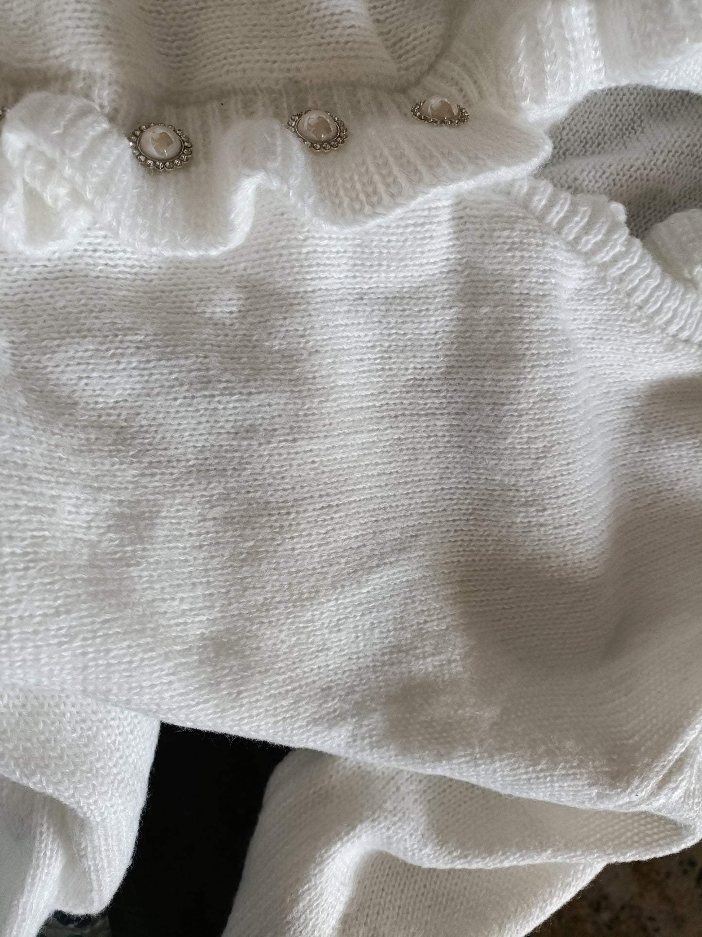 Off White Jumper with Ruffle Neck and Faux Pearl Button Detail