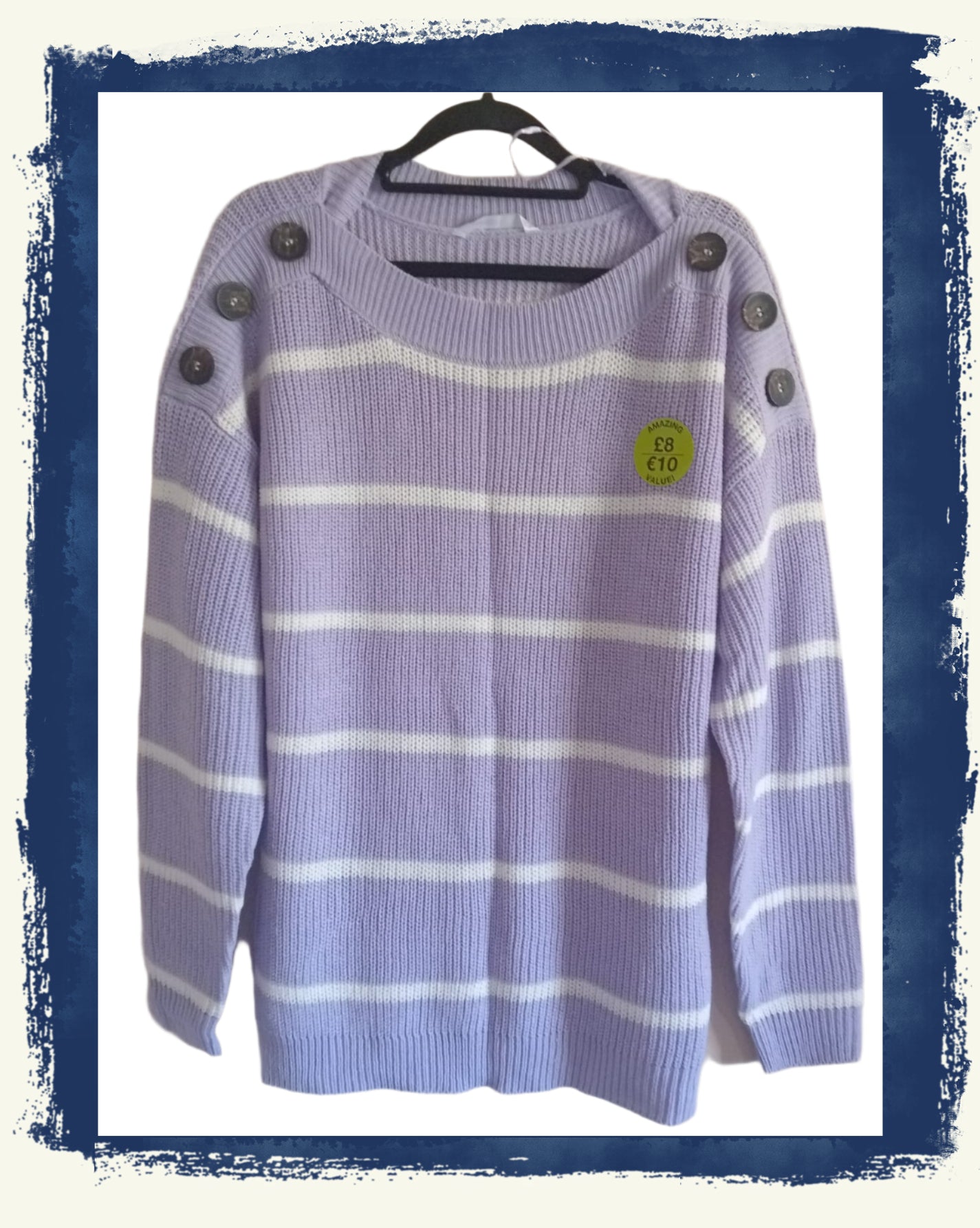 Lilac Jumper with White Stripe and Shoulder Button Detail
