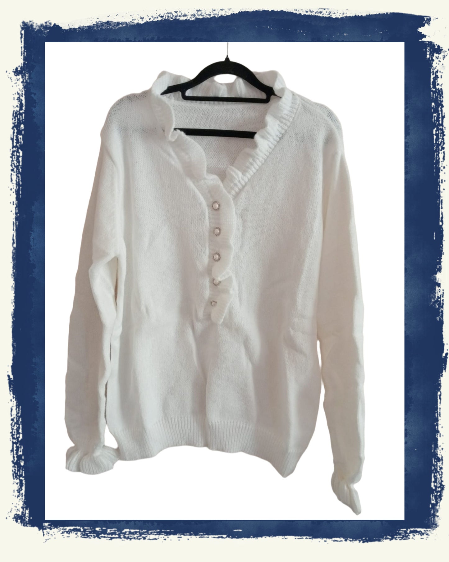 Off White Jumper with Ruffle Neck and Faux Pearl Button Detail