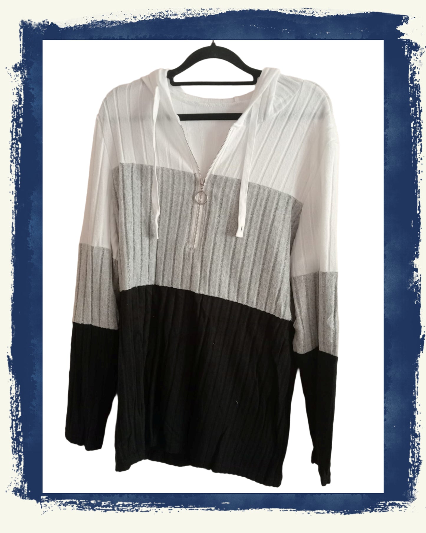 Black, White and Grey Block Stripe Half Zip Hoodie