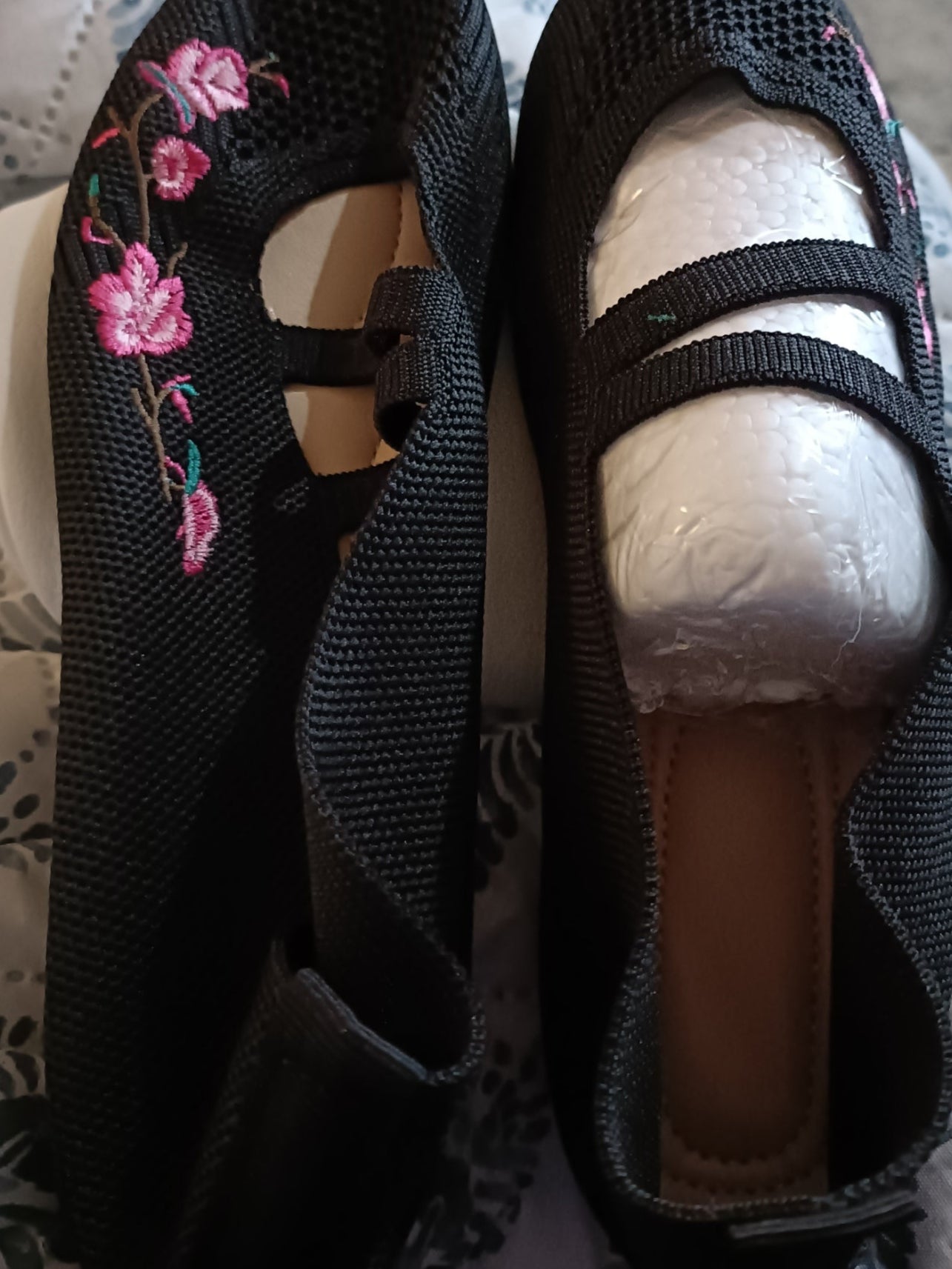 Black Embroidered Ballet Style Shoe with Straps