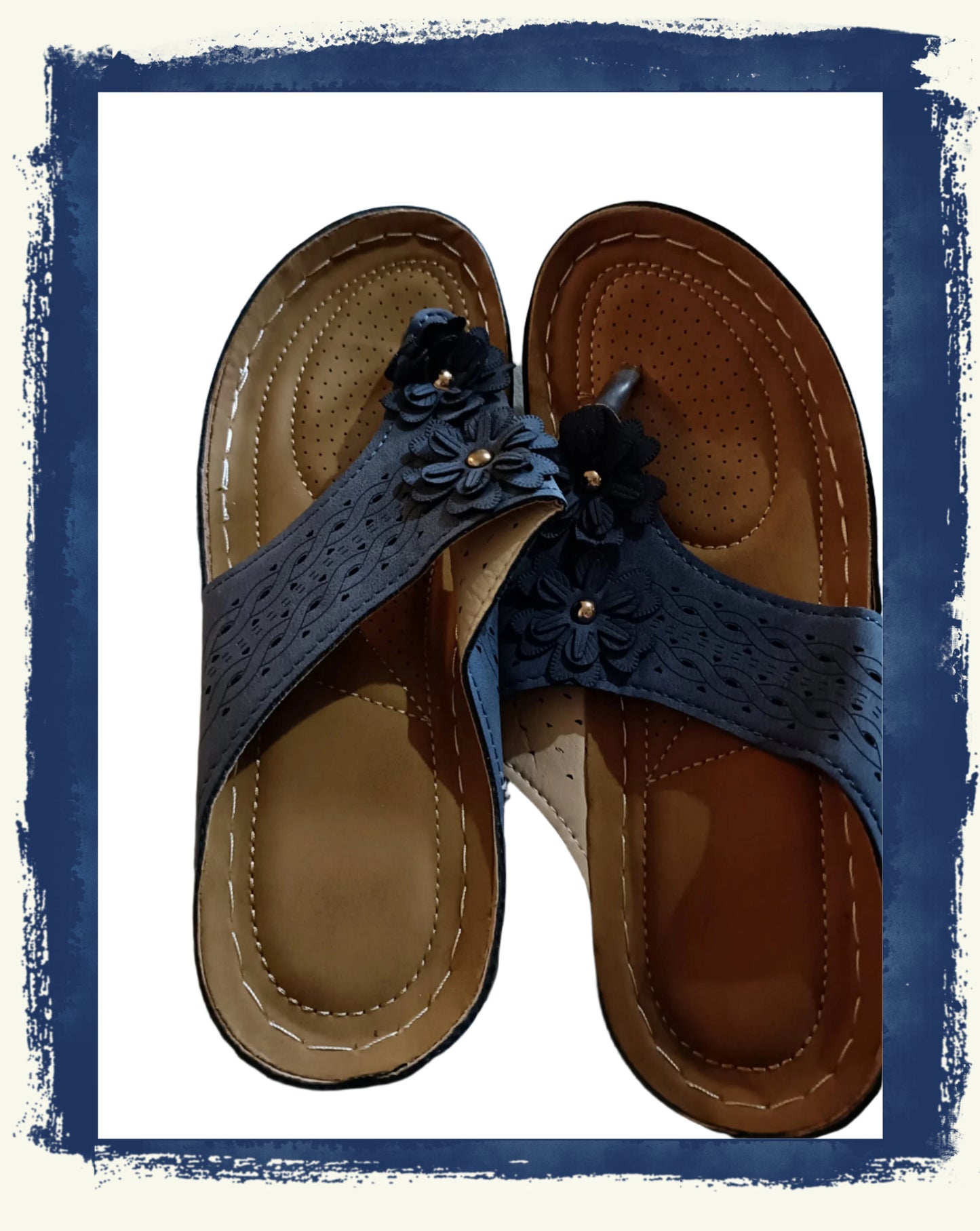 Navy Sandals with Flower Detail