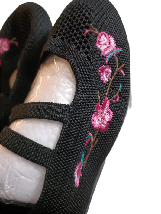 Black Embroidered Ballet Style Shoe with Straps