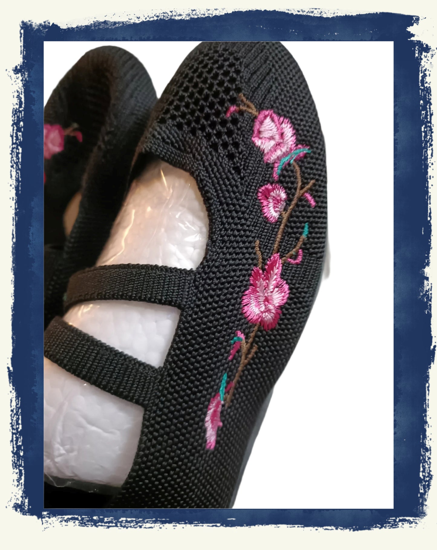 Black Embroidered Ballet Style Shoe with Straps