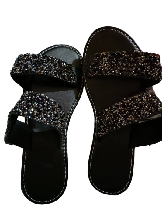 Flat Black Slider Sandals with Black Glitter Straps
