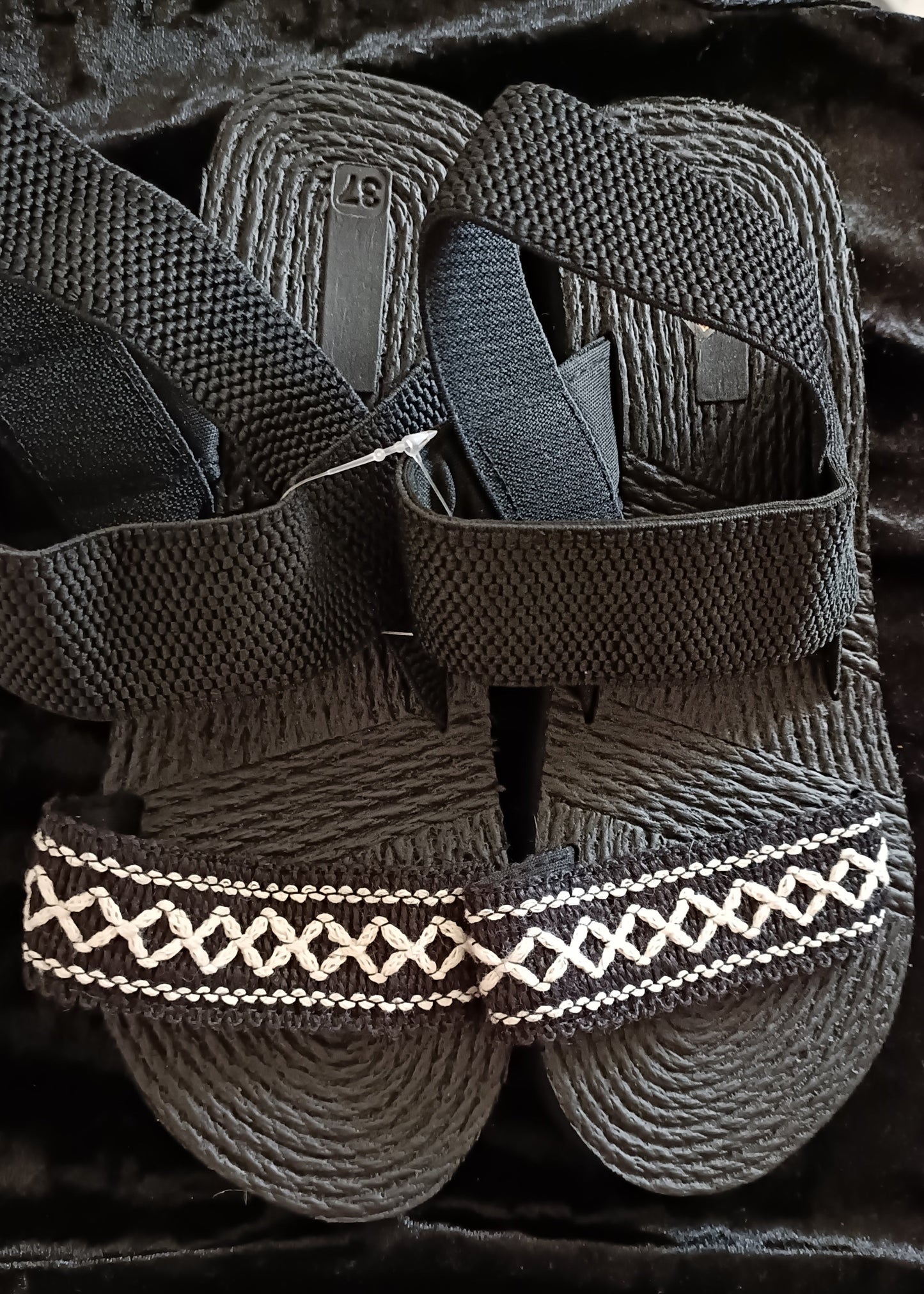 Black Casual Summer Sandals with Elasticated Straps and White Geometric Design