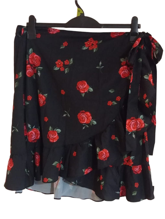 Black Wraparound Skirt with Floral Print and Frill Bottom