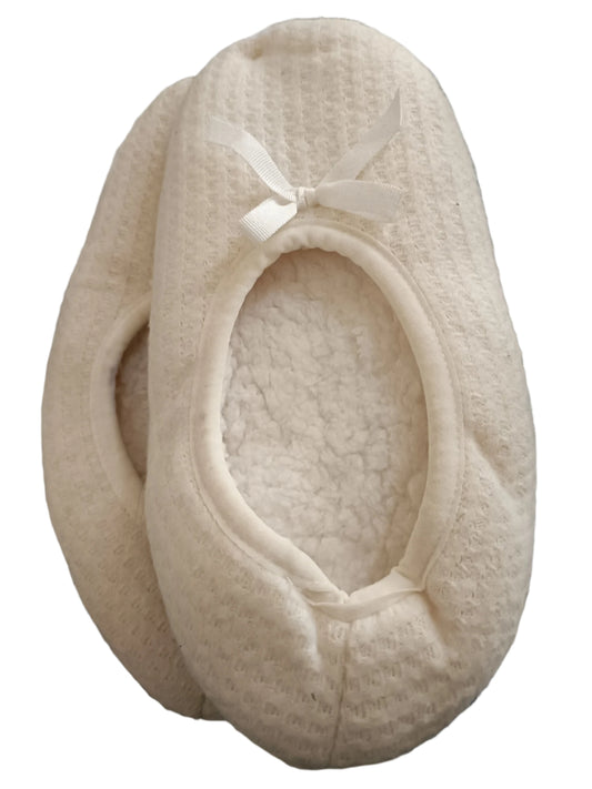 Fleece Ballet Slippers with Waffle Texture Uppers and Bow Detail