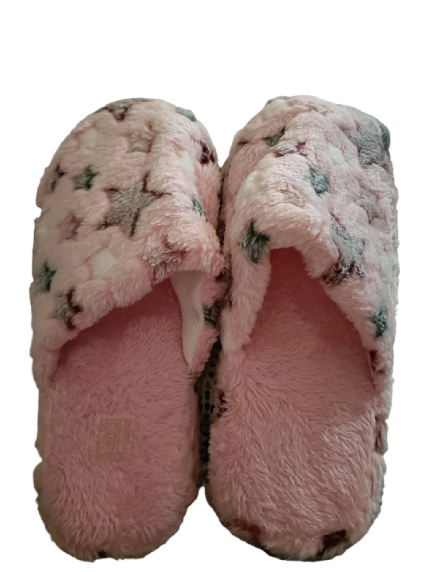 Pink Fluffy Slippers with Grey Star Accents