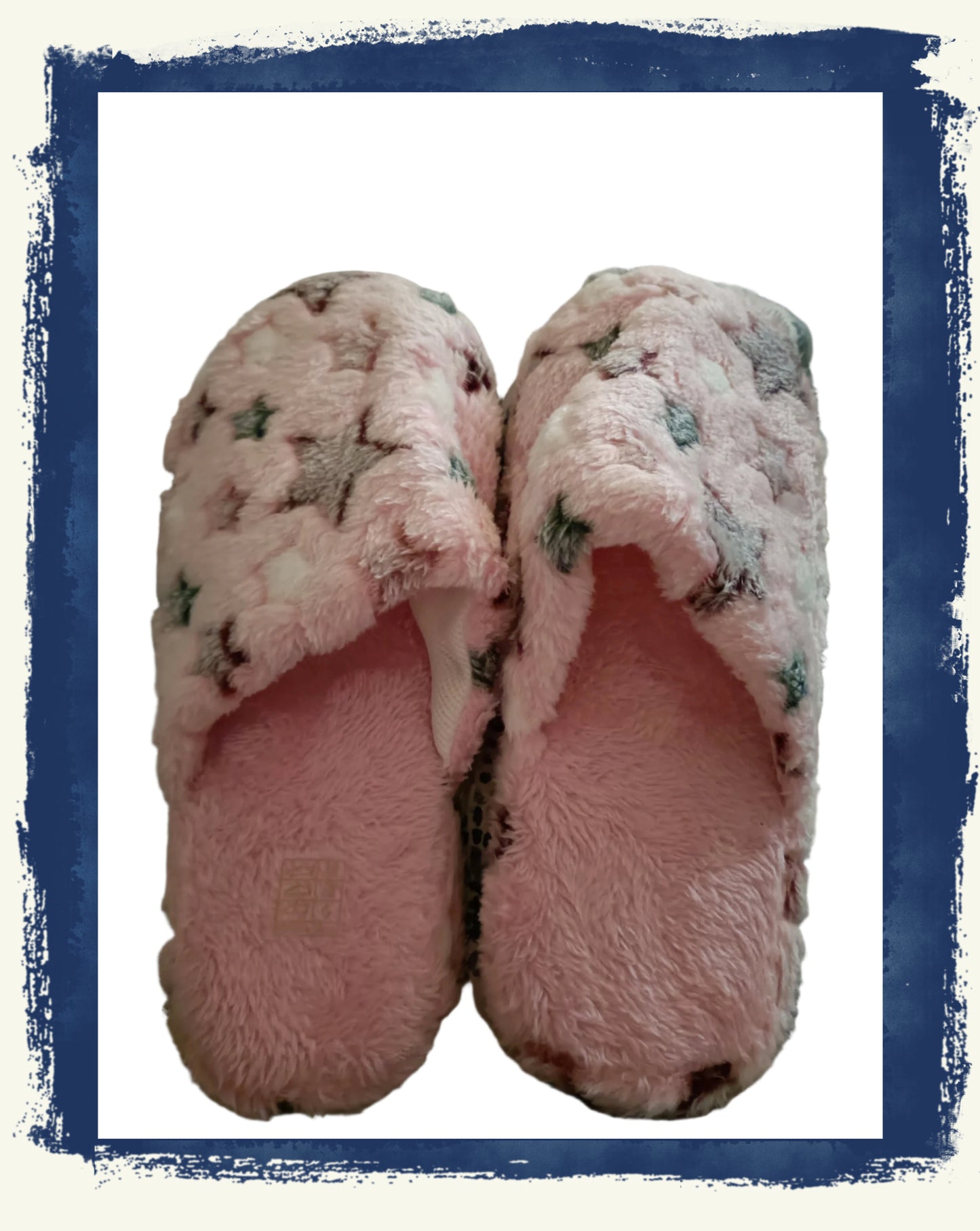 Pink Fluffy Slippers with Grey Star Accents