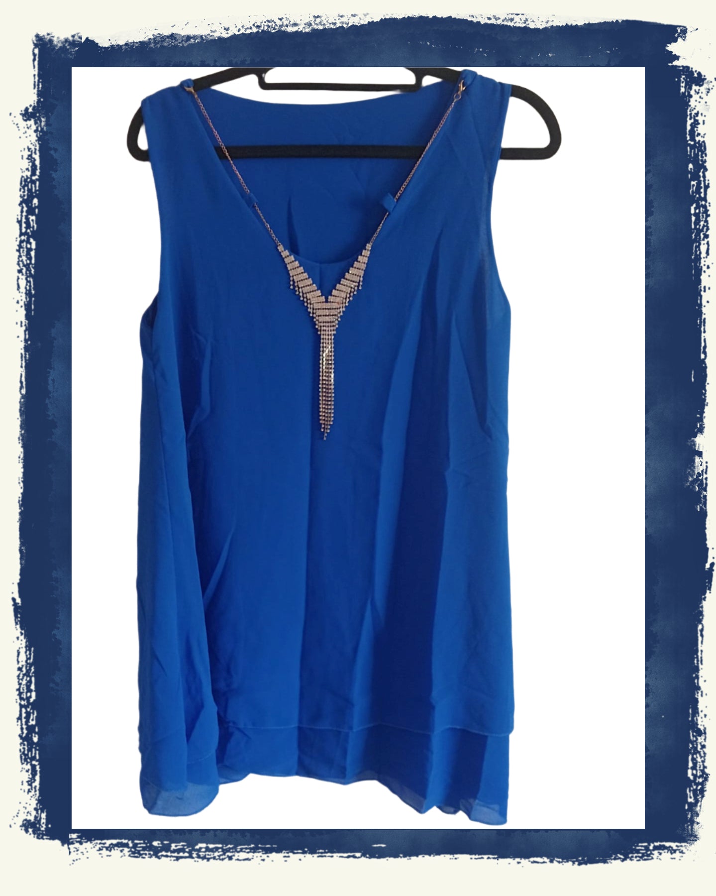 Blue Sleeveless Top with Necklace Detail