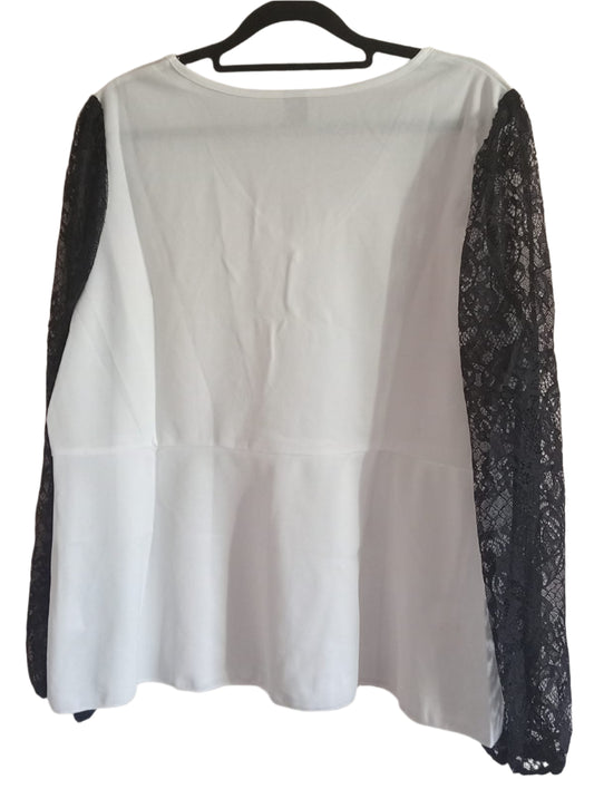 White Long Sleeve Top with Black Lace Sleeves