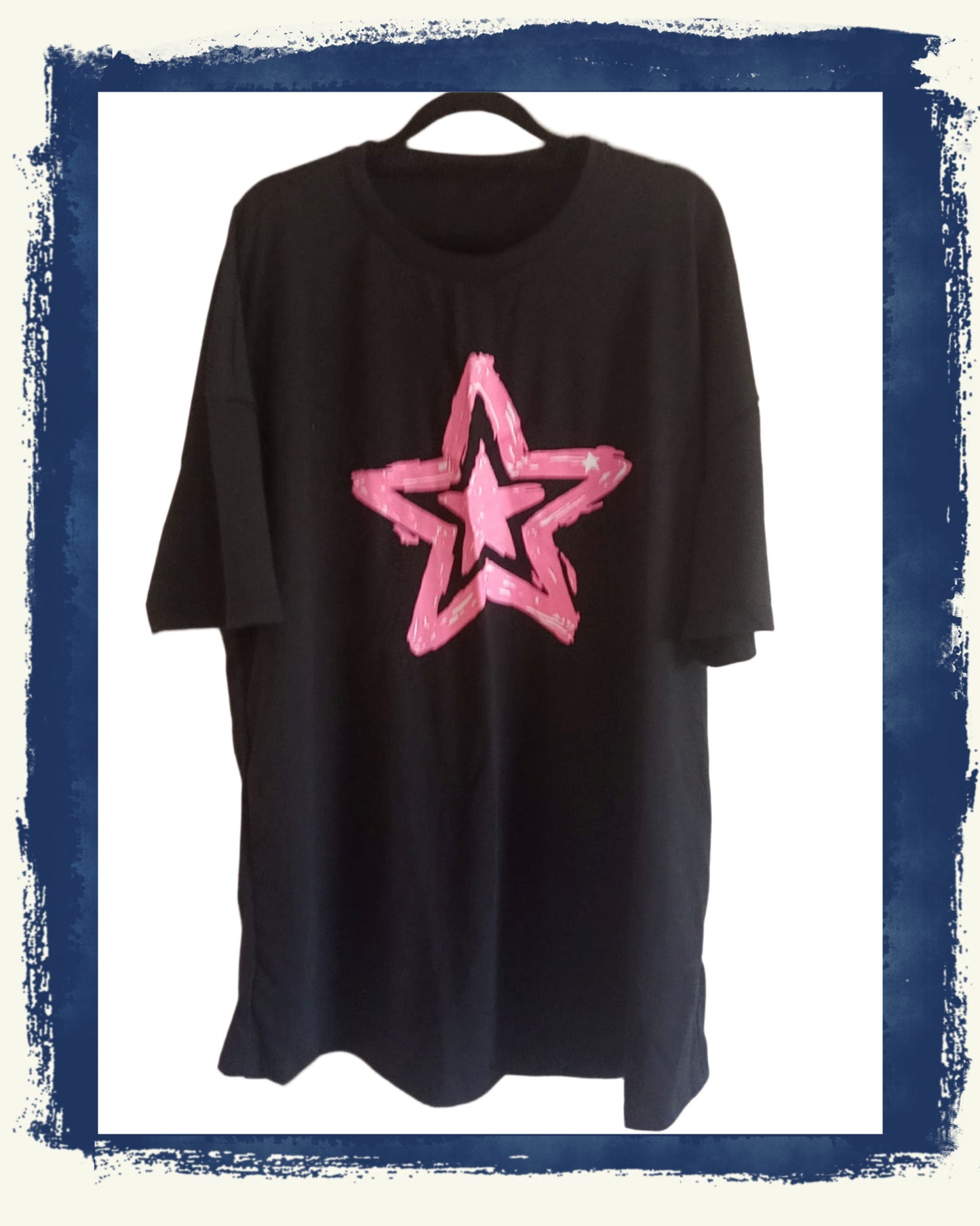 Black Short Sleeve T Shirt with Pink Star Print