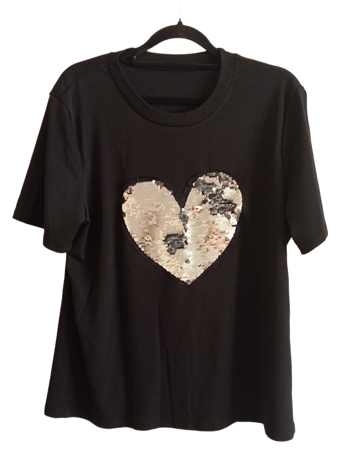 Black T Shirt with Sequin Heart Motif