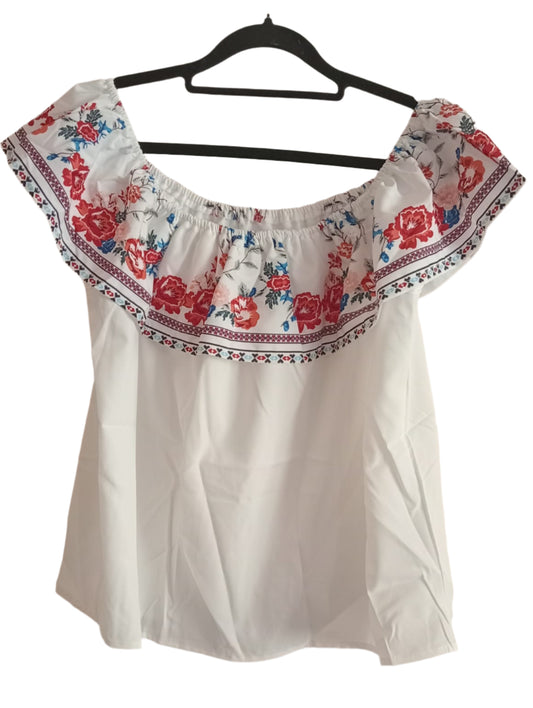 White Bardot Style Top with Floral Frill