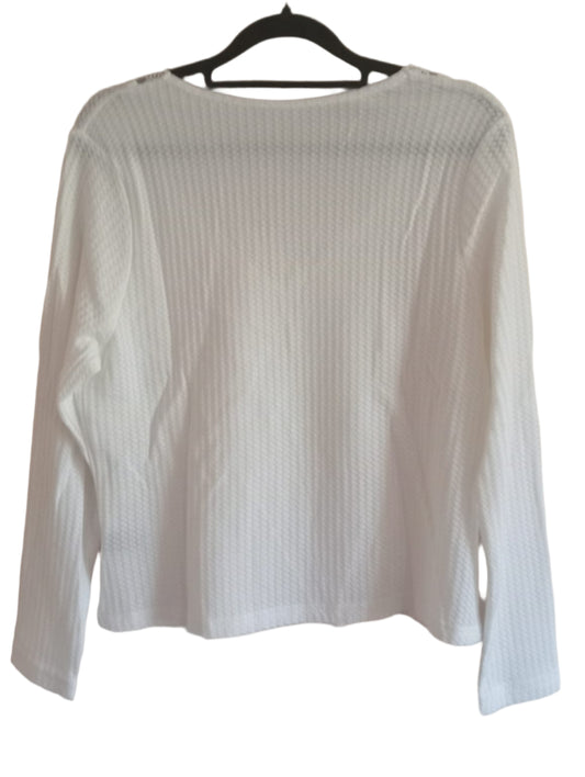 Cream Long Sleeve Waffle Texture T-Shirt with Lace Trim V Neck