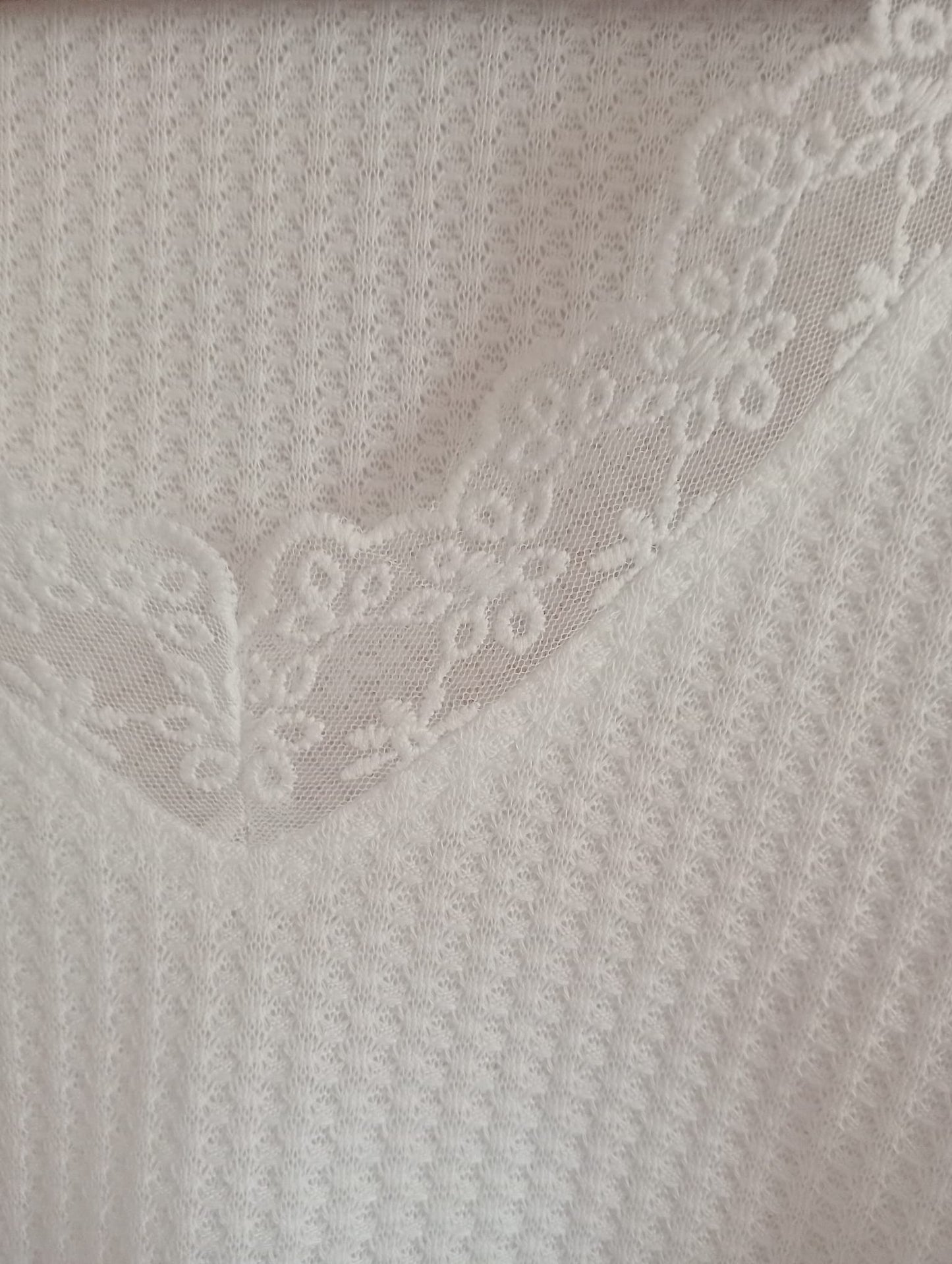 Cream Long Sleeve Waffle Texture T-Shirt with Lace Trim V Neck