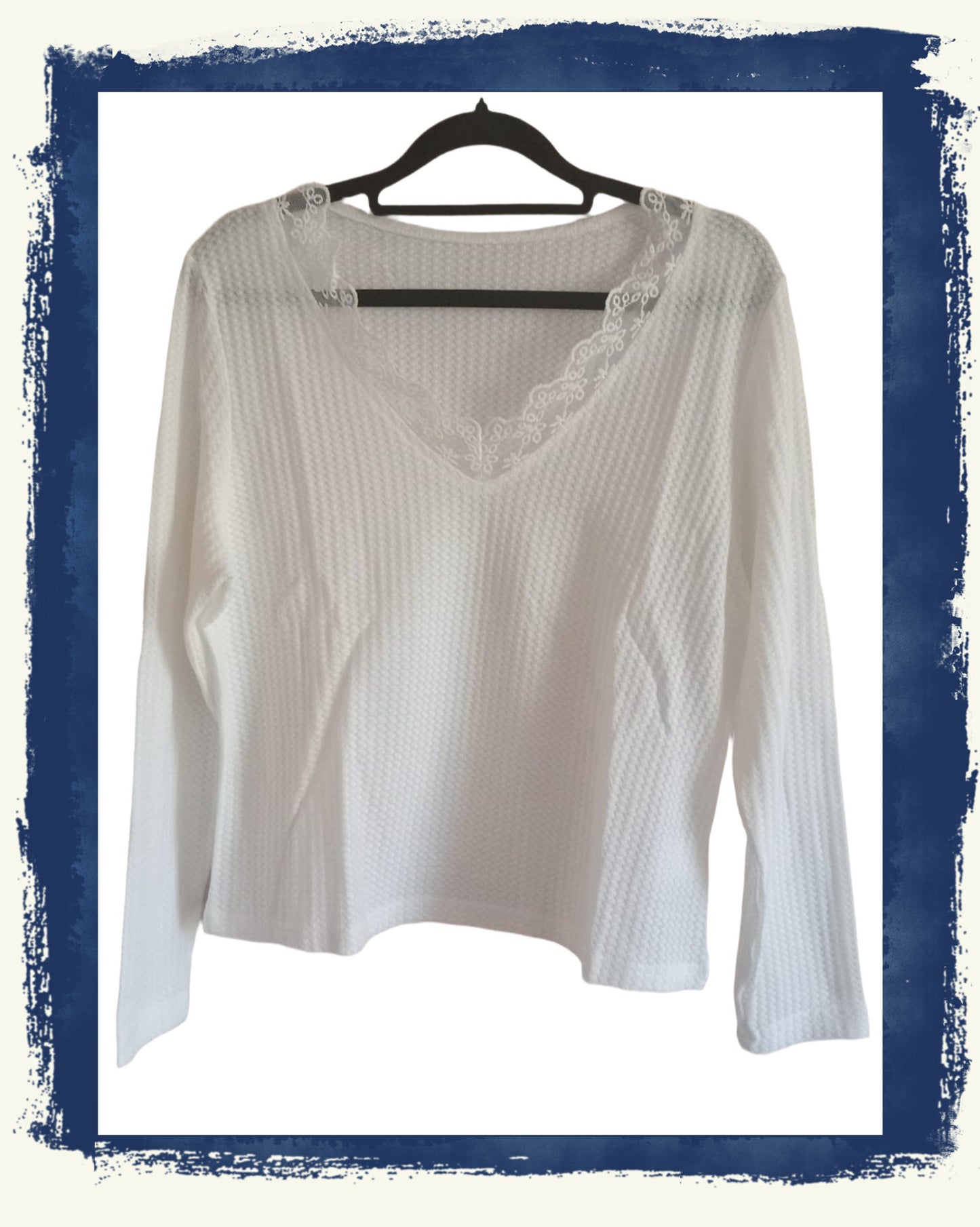 Cream Long Sleeve Waffle Texture T-Shirt with Lace Trim V Neck