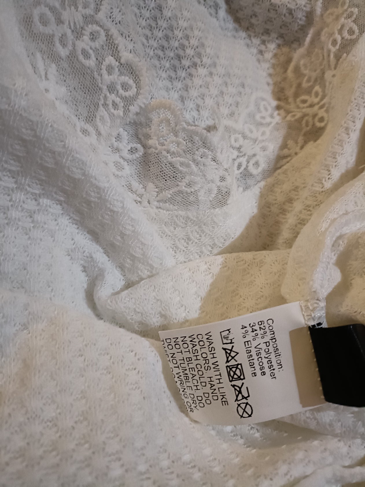 Cream Long Sleeve Waffle Texture T-Shirt with Lace Trim V Neck