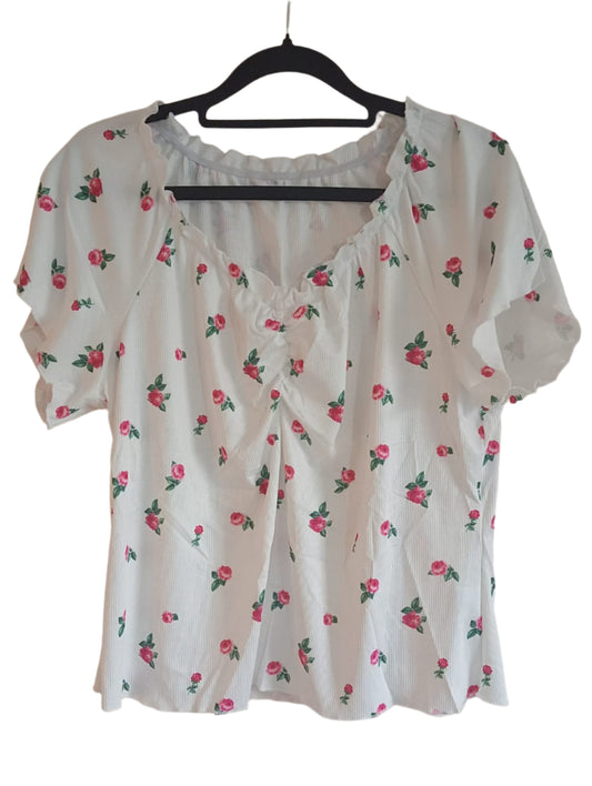 Floral Top with Elasticated Neckline and Raglan Short Sleeves