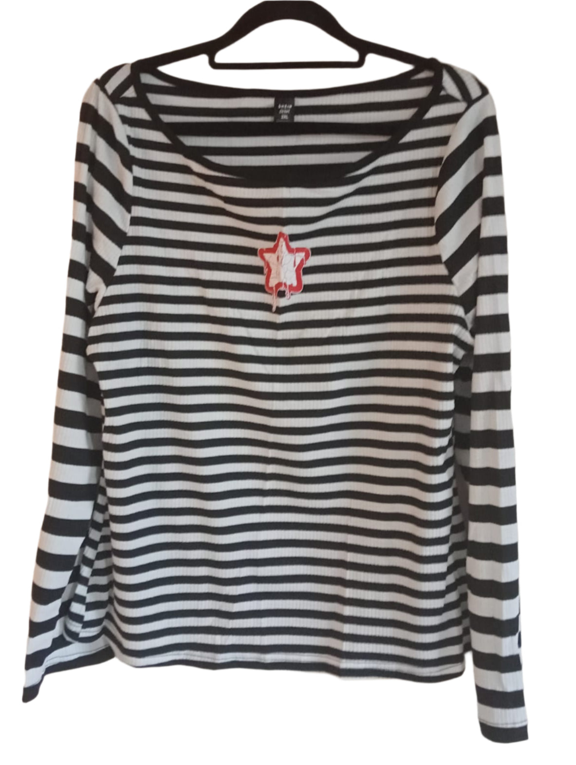 Long Sleeve Black and White Striped T Shirt with Star Motif