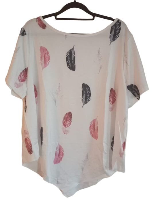 White Top with Handkerchief Hem and Feather Print