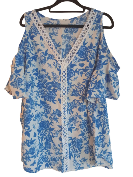 Blue Floral Cold Shoulder Top with Lace Trim