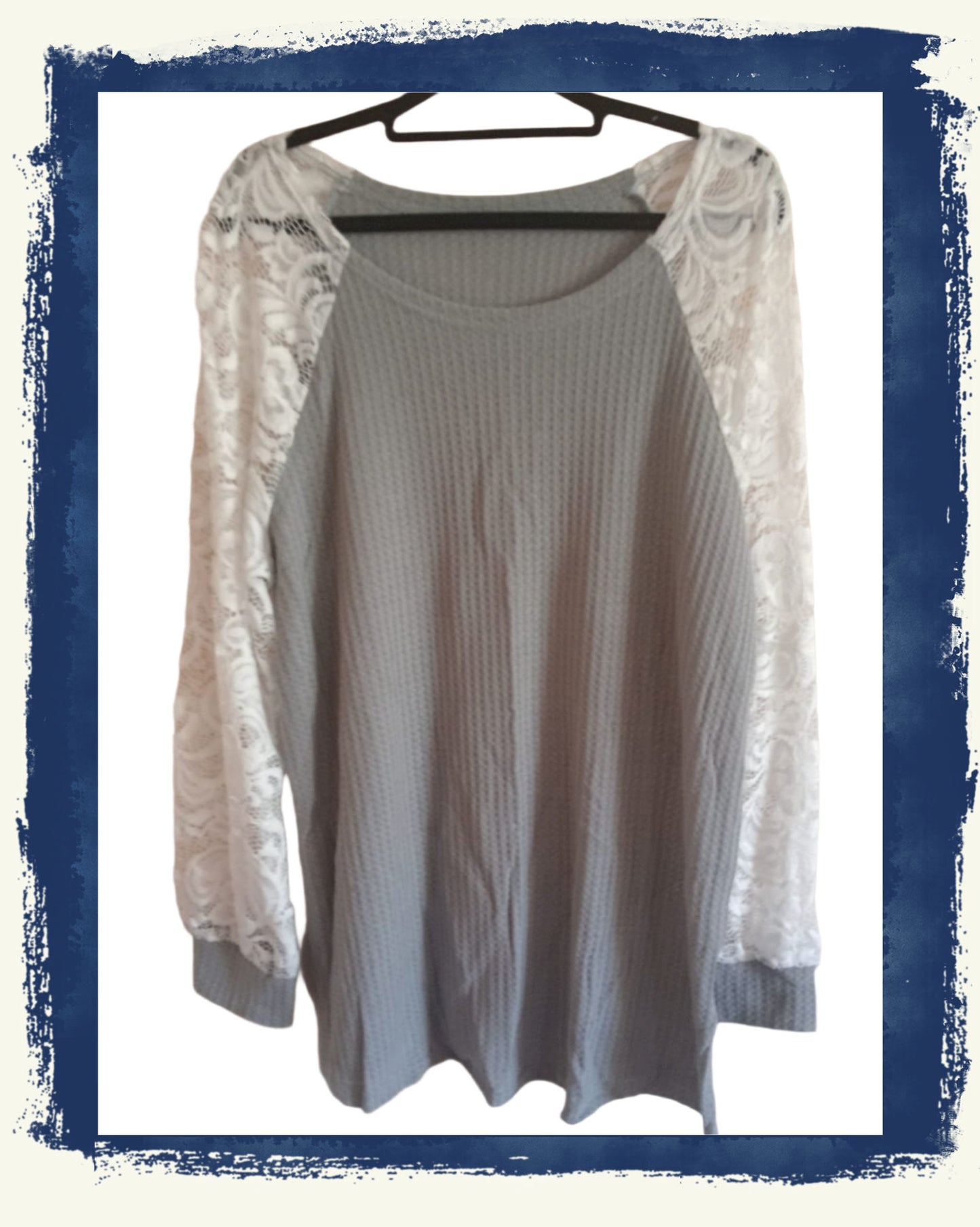 Textured Waffle Top with White Lace Raglan Sleeves