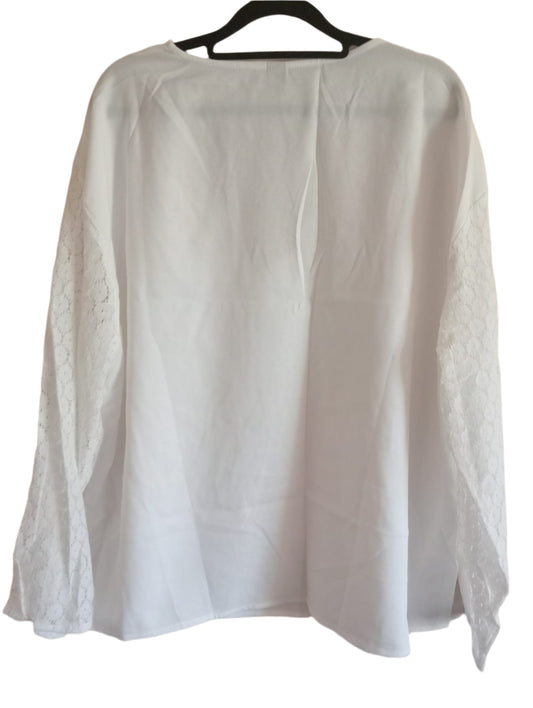 White Scalloped Neckline Blouse with Lace Sleeves