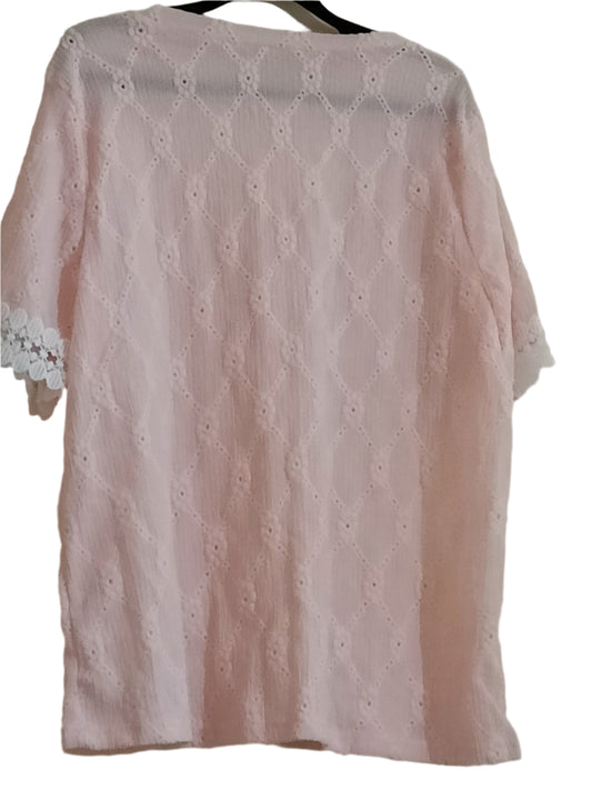 Pink Eyelet Embroidery T Shirt with Lace Sleeve Detail