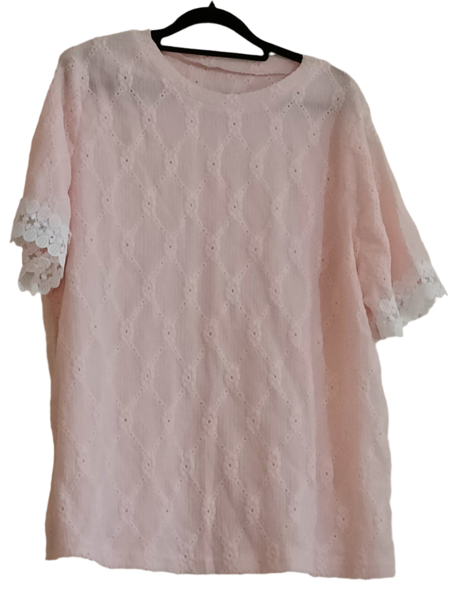 Pink Eyelet Embroidery T Shirt with Lace Sleeve Detail