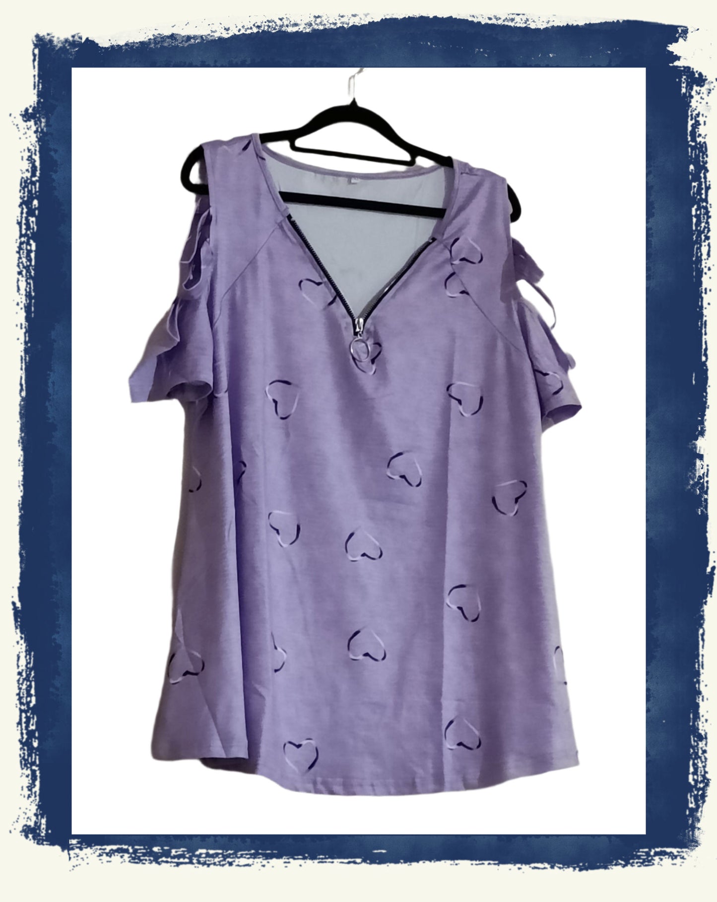 Lilac Cold Shoulder Top with Heart Print and Faux Zip Detail