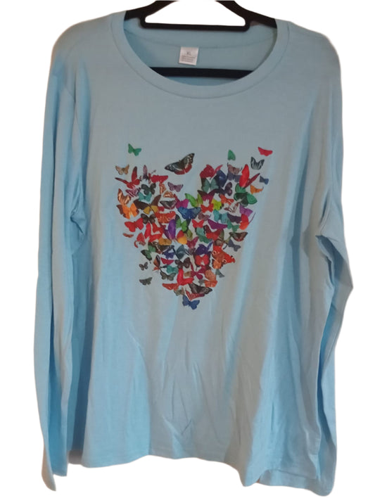 Blue Long Sleeve T Shirt with Butterfly Heart Print