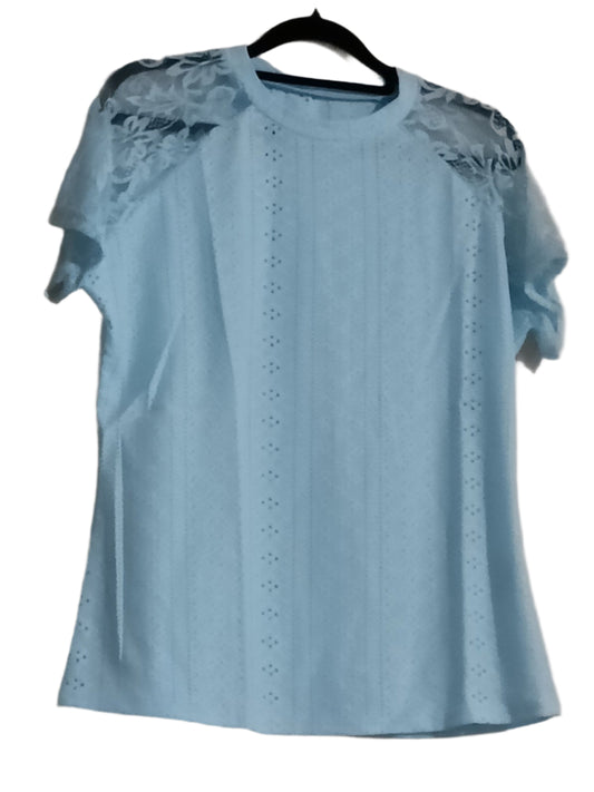 Blue Eyelet Embroidery Lace Raglan Sleeve T Shirt