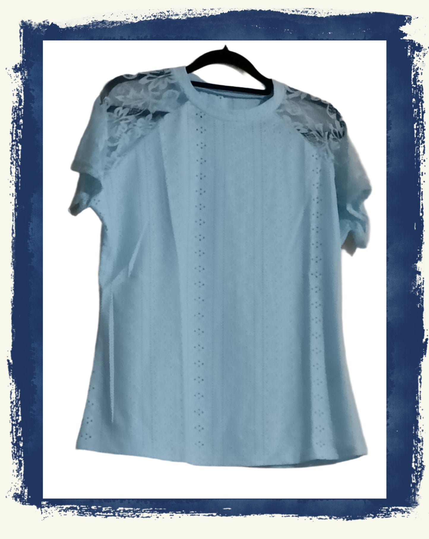 Blue Eyelet Embroidery Lace Raglan Sleeve T Shirt