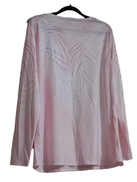Pink Long Sleeve V Neck T Shirt with Palm Frond Design