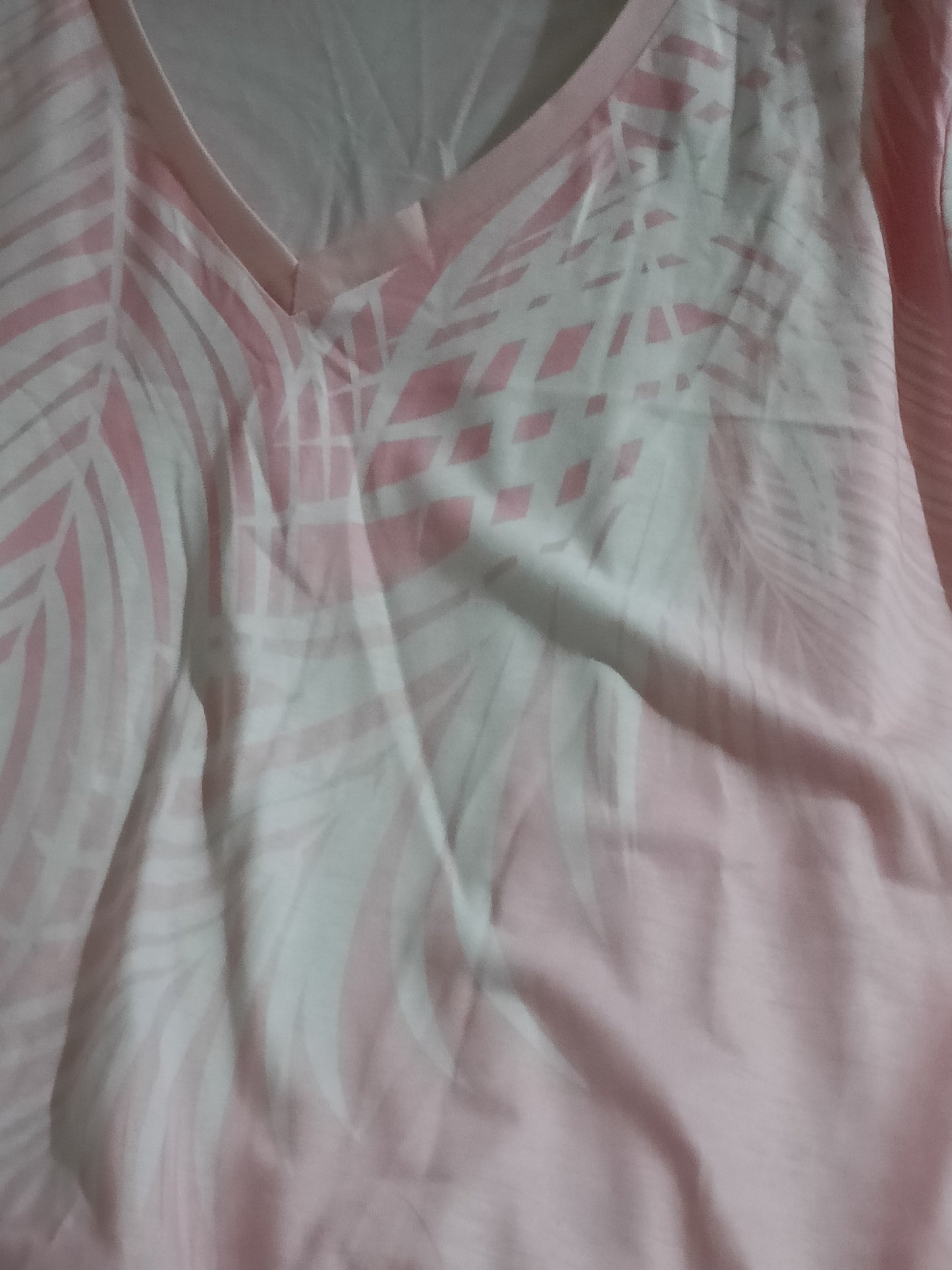 Pink Long Sleeve V Neck T Shirt with Palm Frond Design