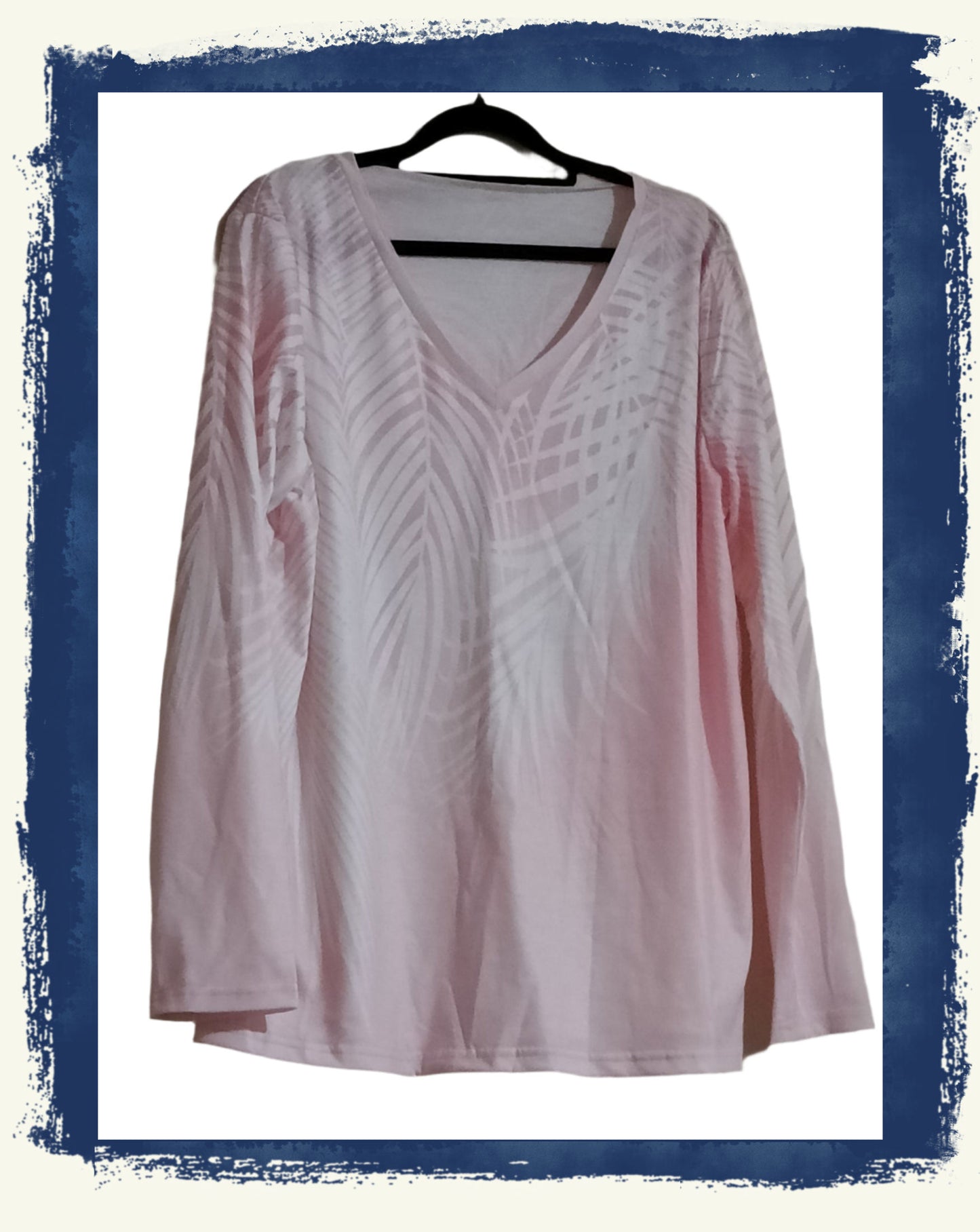 Pink Long Sleeve V Neck T Shirt with Palm Frond Design