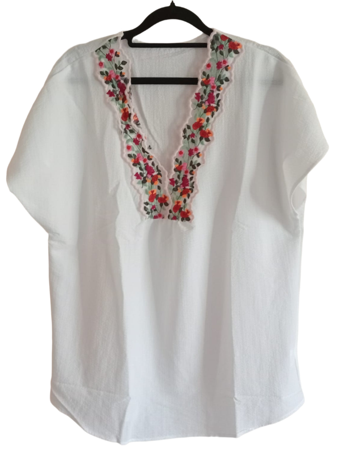 White Textured Short Sleeve Top with Embroidered Floral Lace Trim