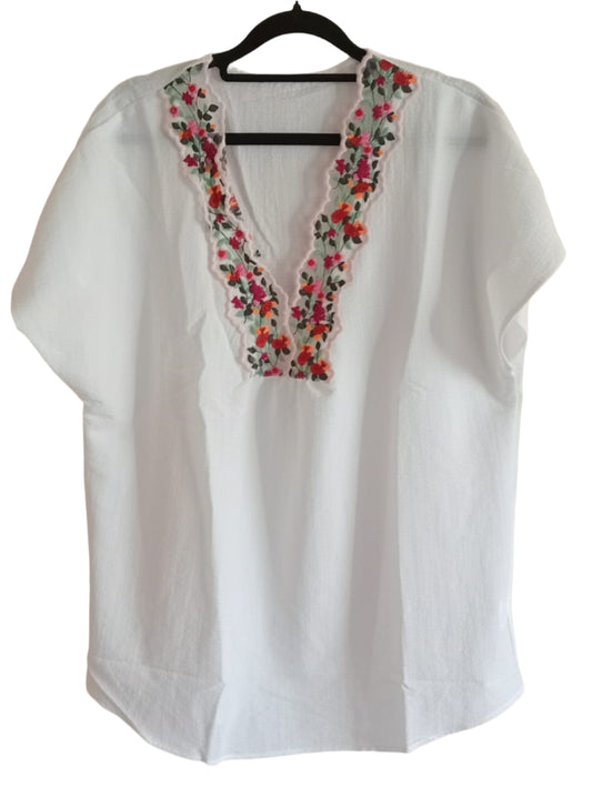 White Textured Short Sleeve Top with Embroidered Floral Lace Trim
