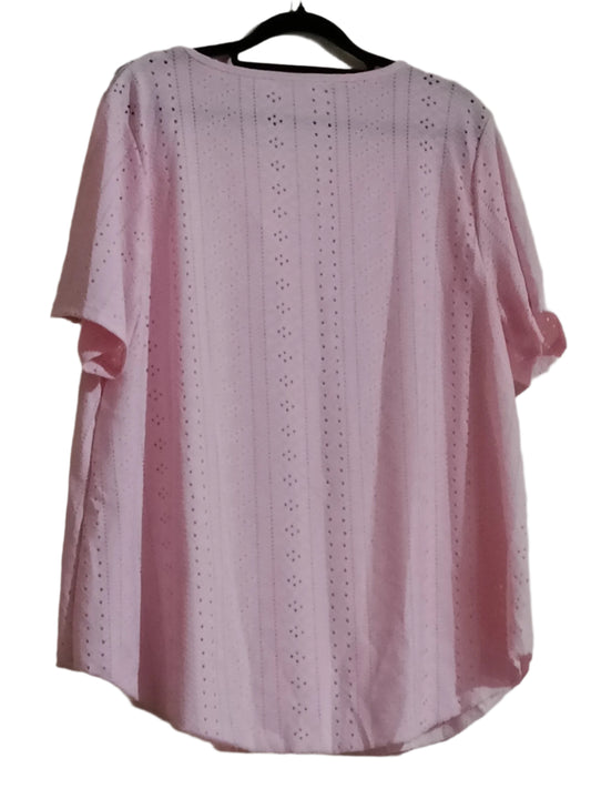 Pink Scallop Neck Eyelet Embroidery Top with Curved Hem