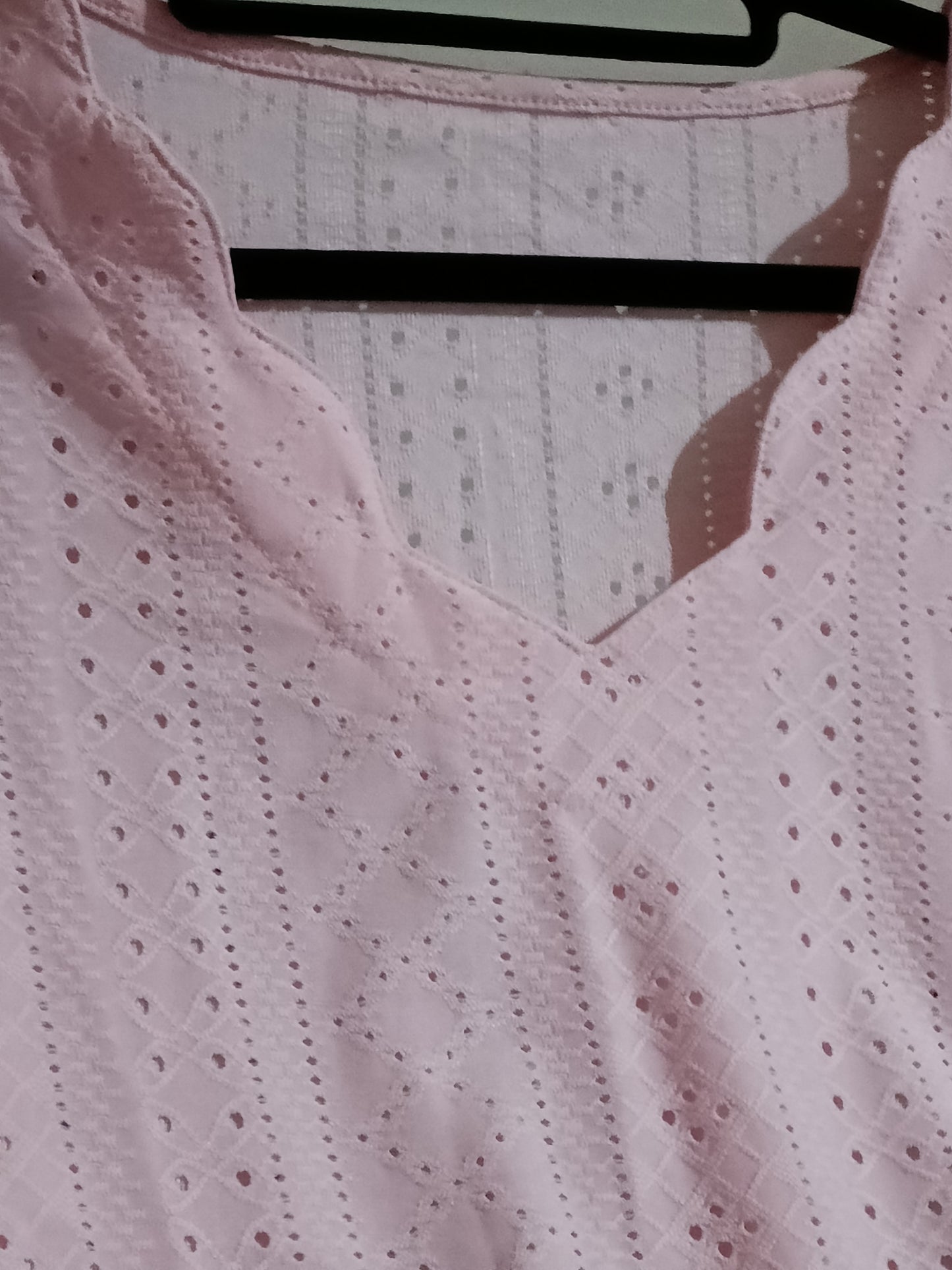 Pink Scallop Neck Eyelet Embroidery Top with Curved Hem