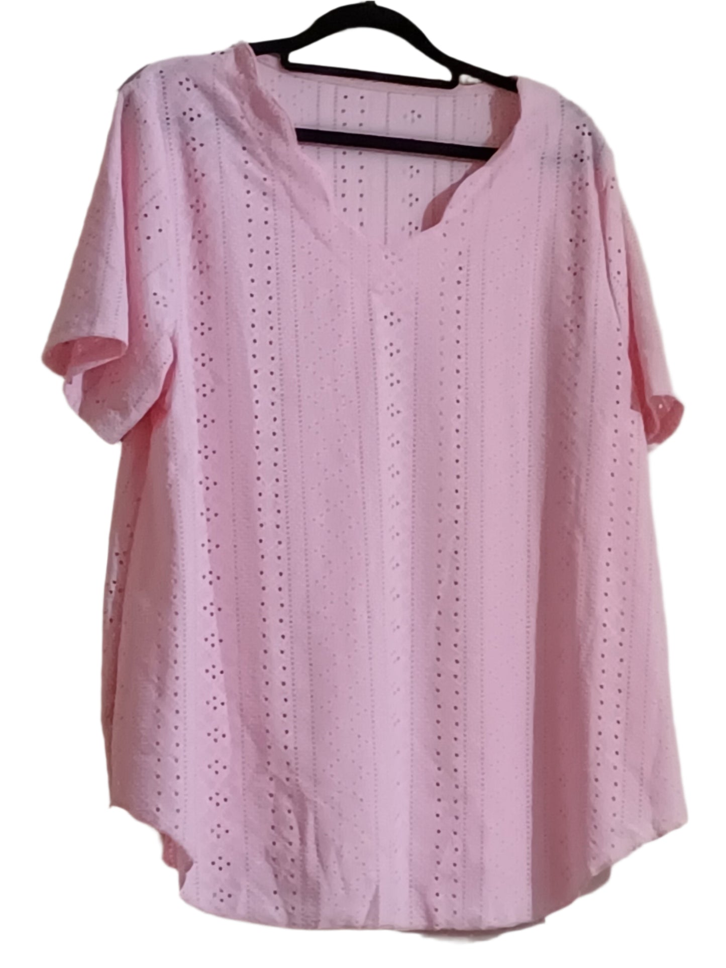 Pink Scallop Neck Eyelet Embroidery Top with Curved Hem