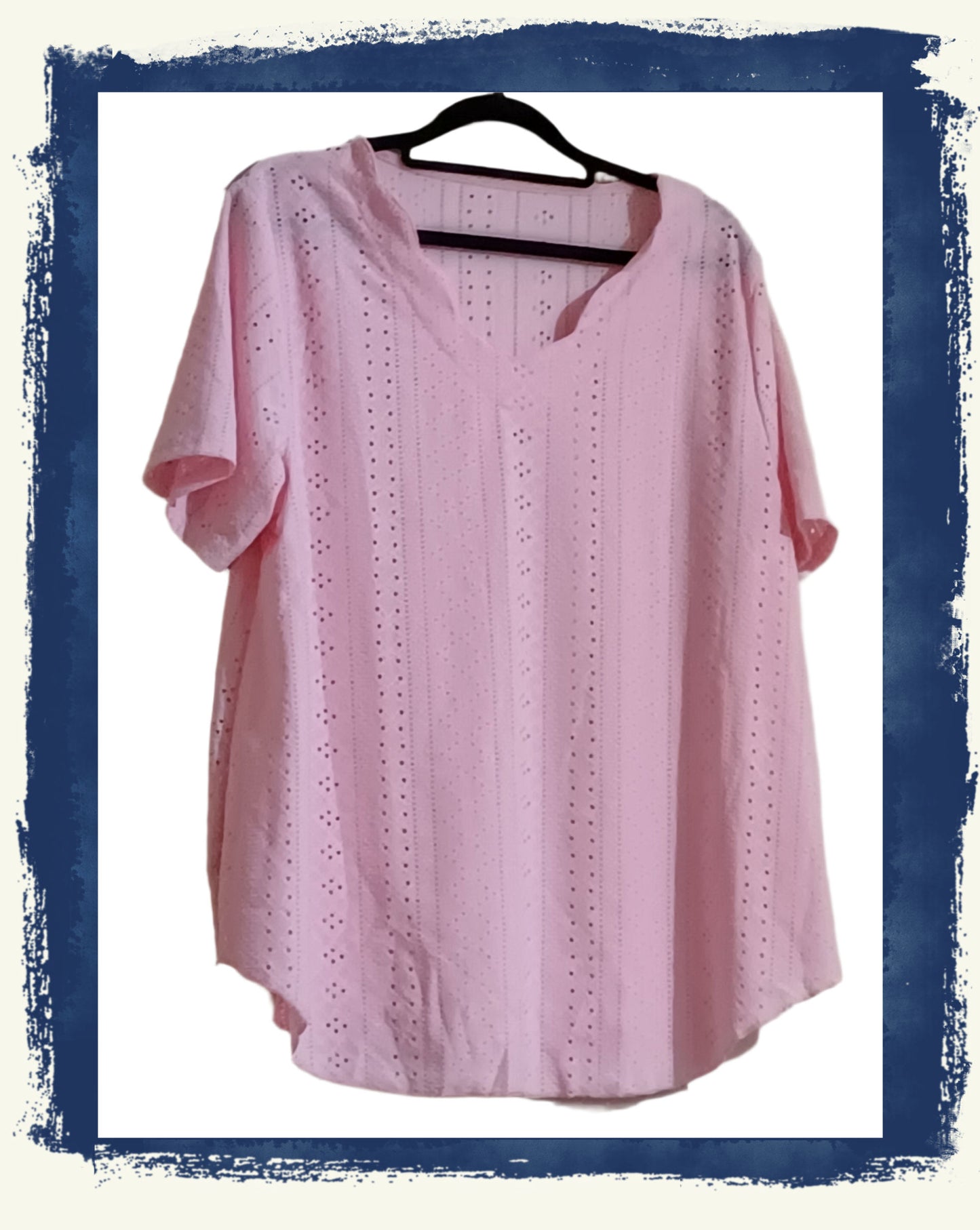 Pink Scallop Neck Eyelet Embroidery Top with Curved Hem