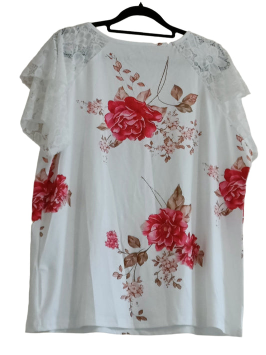 White Lace Raglan Sleeve Top with Red Flower Print