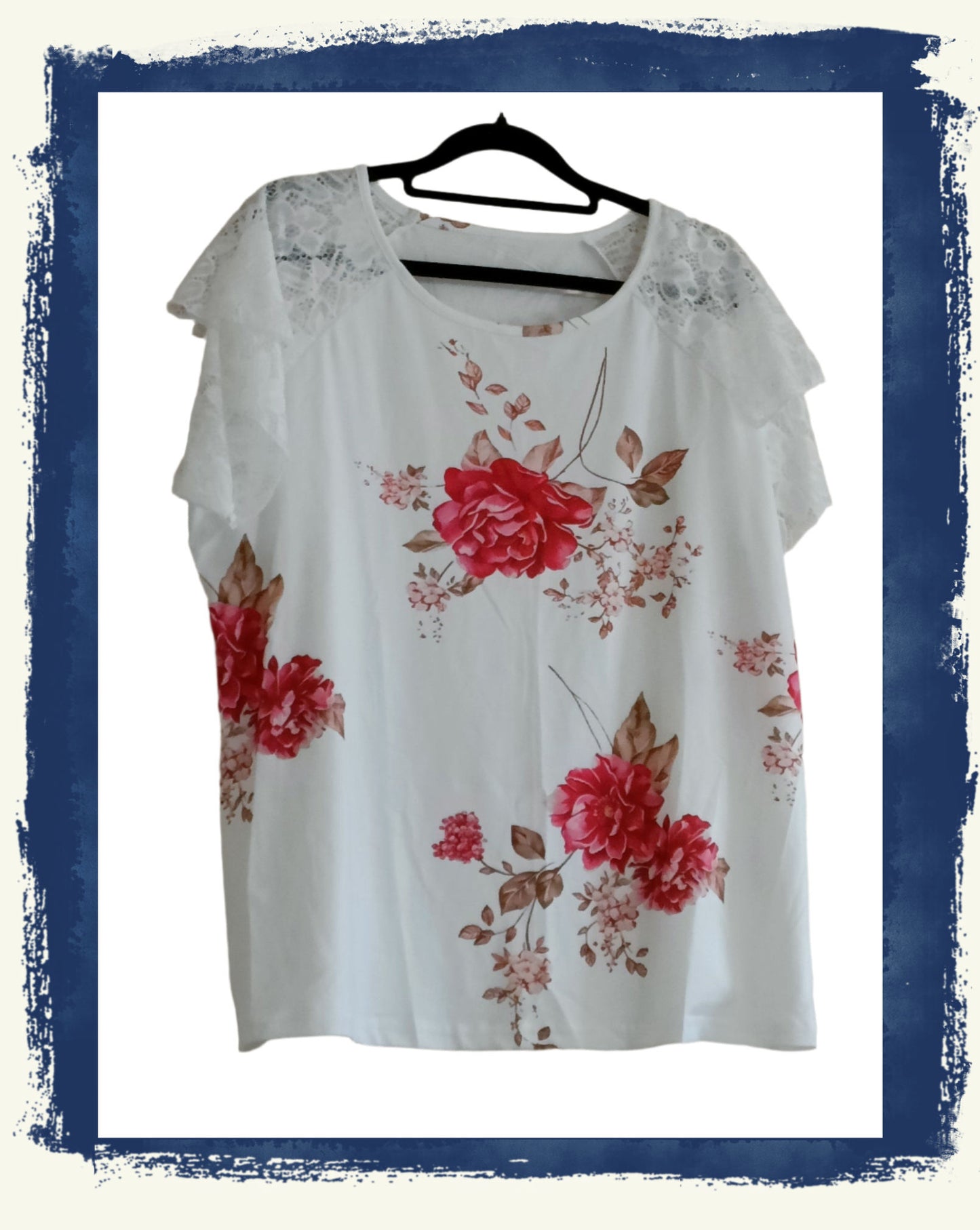 White Lace Raglan Sleeve Top with Red Flower Print