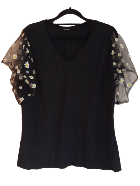 Black Top with Sheer Daisy Print Sleeves