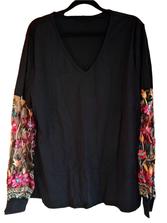 Black Long Sleeve Top with Sheer Floral Sleeves