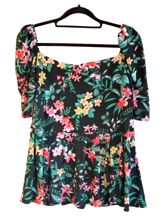 Black Peplum Top with Tropical Flower Print